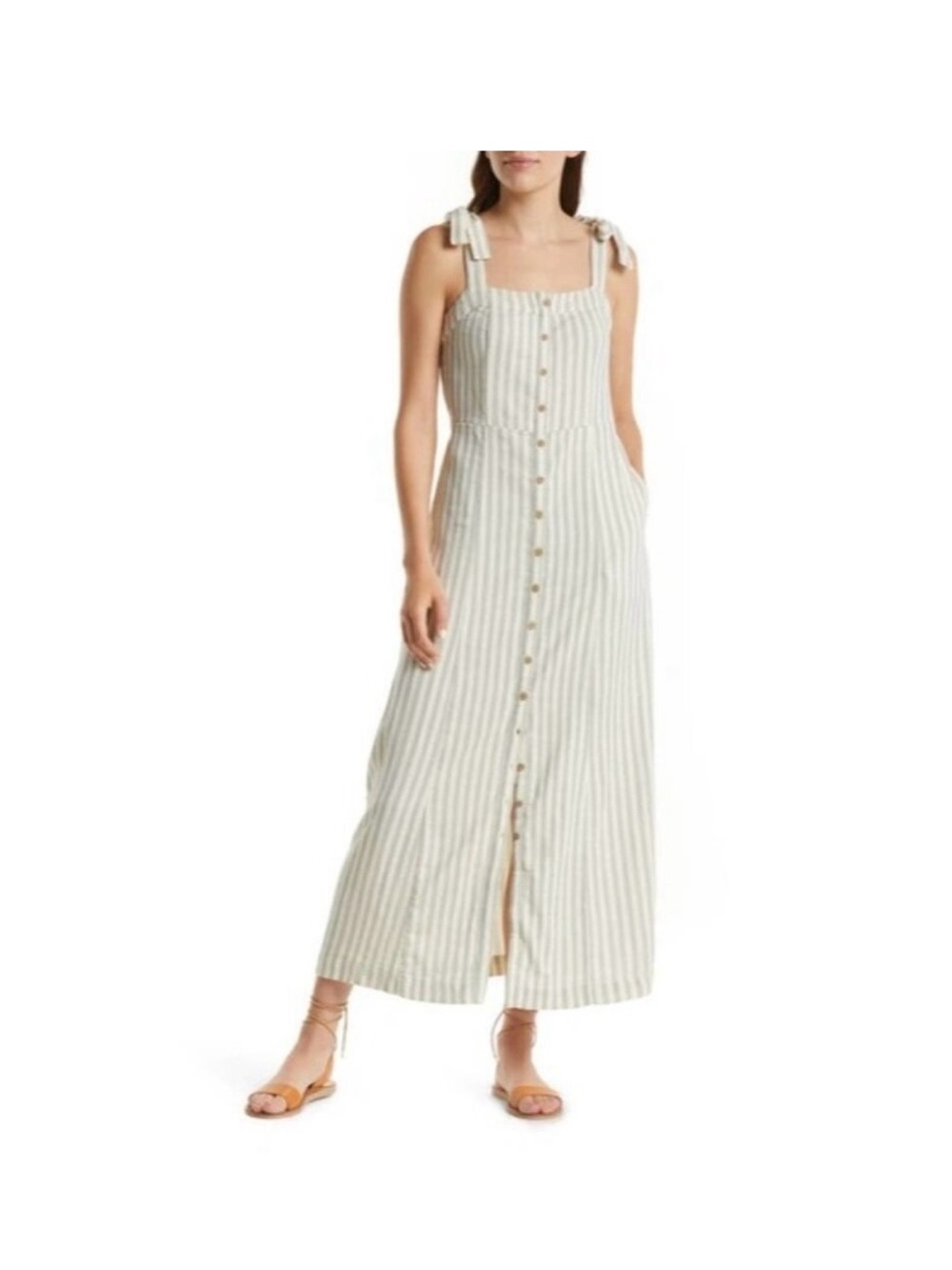 Faherty Stripe Button-Front Maxi Dress in Cream and Green